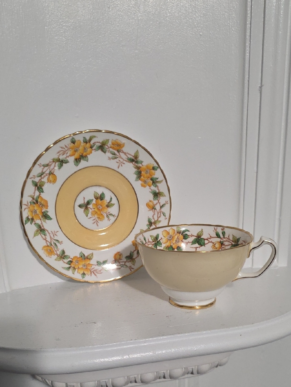 Staffordshire Vintage Teacup and Saucer, Bright Yellow Orange Floral England